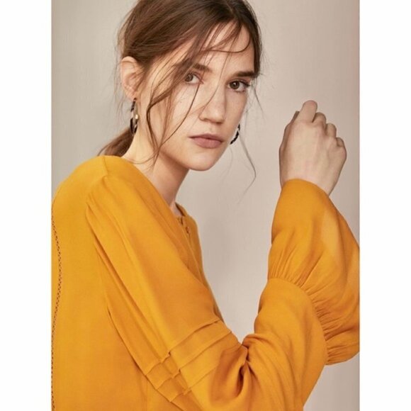 𝅺MASSIMO Dutti | Nwt Mustard Yellow Ruffle Blouse Size 8 - Picture 11 of 11